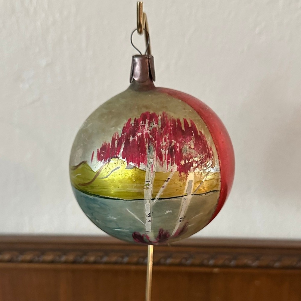 Vintage Large Hand Painted Glass Ornament Birch Trees Scenic Landscape Red Gold